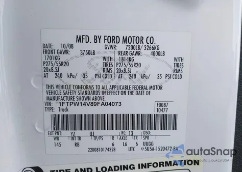 2009 Ford F-150 Fx4/King Ranch/Lariat/Platinum/Xl/Xlt z USA, uszkodzony, nr VIN 1FTPW14V89FA04073